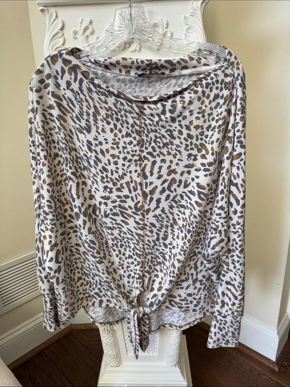 Leopard Print Tie-Hem Womens Top - Cream and Brown